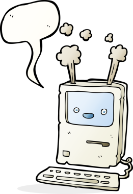 bir insan tarafından çizilmiş konuşma baloncuklu eski bir bilgisayar