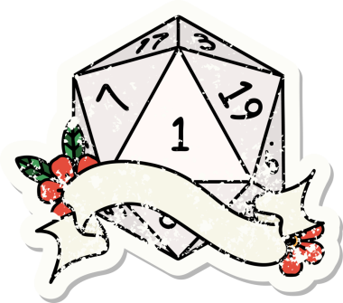 Bir insan tarafından çizilmiş doğal bir d20 zarının grunge çıkartması.