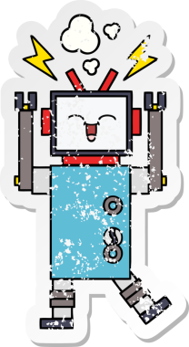 Bir insan tarafından çizilmiş sevimli bir robot çizgi film çıkartması.