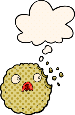 Bir insan tarafından çizilmiş, düşünce baloncuklu ürkek kurabiye çizgi filmi.