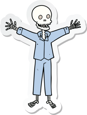 Bir insan tarafından çizilmiş pijama giyen bir iskeletin çıkartması.