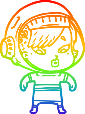 Gökkuşağı gradyan çizgi çizimi bir insan tarafından çizilmiş astronot bir kadın.