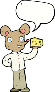 Bir insan tarafından çizilmiş konuşma balonlu peyniri tutan çizgi film faresi.