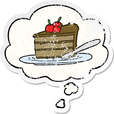 Düşünce baloncuklu karikatür çikolatalı pasta. Üzüntülü bir çıkartma. Bir insan tarafından çizilmiş.