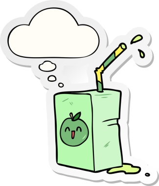 İnsan tarafından çizilmiş bir çıkartma olarak düşünce baloncuğu olan çizgi film meyve suyu kutusu.