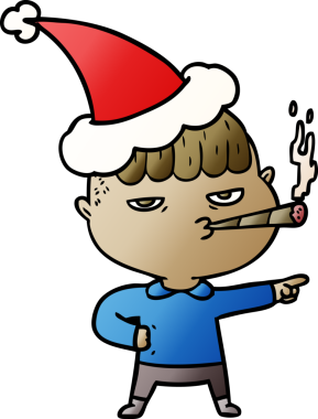 Bir insan tarafından çizilmiş Noel Baba şapkası giymiş bir adamın el çizimi karikatürü.