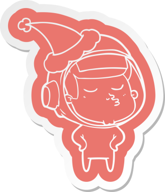 Kendine güvenen bir astronotun insan tarafından çizilmiş Noel Baba şapkası giydiği garip bir karikatür çıkartması.