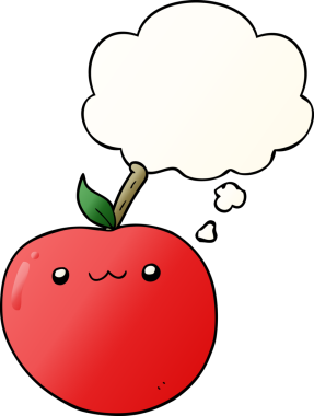 Bir insan tarafından çizilmiş yumuşak eğimli düşünce baloncuklu şirin elma çizgi filmi.