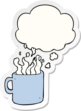 Düşünce baloncuklu sıcak kahve fincanı insan tarafından çizilmiş bir çıkartma.