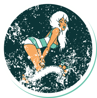 İkonik sıkıntılı dövme stili. Yüzme kostümlü bir kız resmi. Üzerinde bir insan dövmesi var.