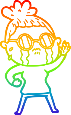 Gökkuşağı gradyan çizgi çizimi. Bir insan tarafından çizilmiş gözlük takan ağlayan bir kadın.