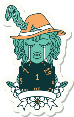 Ağlayan bir ork ozan karakterinin çıkartması. Bir insan tarafından çizilmiş doğal bir D20 rulosu.