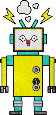 Bir insan tarafından çizilmiş mutlu bir robotun retro grunge dokusu.