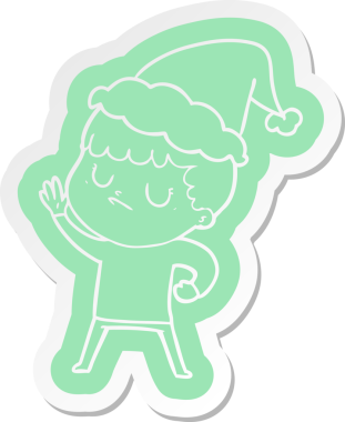 Bir insan tarafından çizilmiş Noel Baba şapkası giyen huysuz bir çocuğun garip çizgi film etiketi.