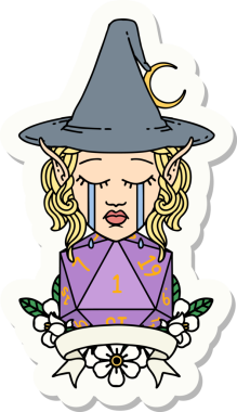 Ağlayan Elf Büyücüsü karakterinin çıkartması. Bir insan tarafından çizilmiş doğal bir zar.