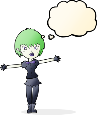 Bir insan tarafından çizilmiş düşünce balonlu vampir kız.