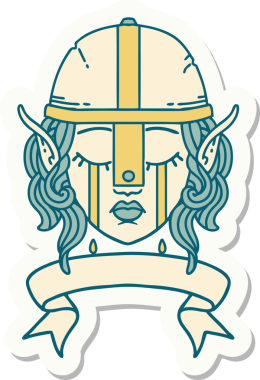 Ağlayan bir elf savaşçısı karakterinin çıkartması. İnsan tarafından çizilmiş bir pankartıyla.