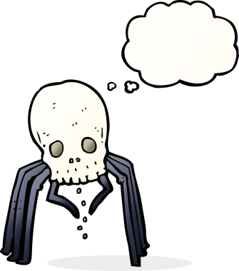 Bir insan tarafından çizilmiş düşünce baloncuklu korkunç kafatası örümceği.