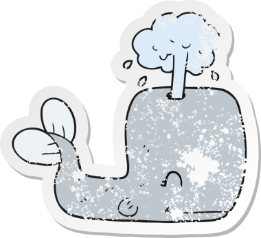 Bir insan tarafından çizilmiş suyu püskürten karikatür balinasının geriletilmiş yapıştırması.