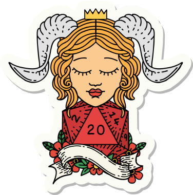 Bir insan tarafından çizilmiş doğal yirmi zarla yapıştırılmış bir etiket.