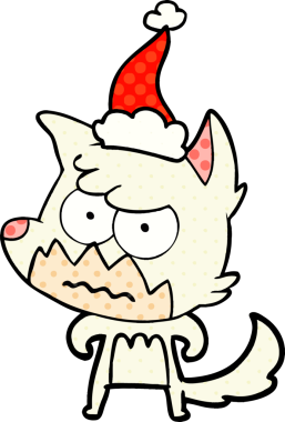 Bir insan tarafından çizilmiş Noel Baba şapkası giymiş kızgın bir tilkinin el çizimi çizgi roman tasviri.