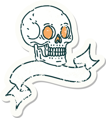 Bir insan tarafından çizilmiş kafatasının pankartıyla eski bir etiket.