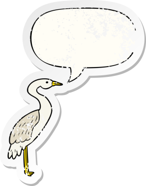 Konuşma baloncuğu olan bir leylek, bir insan tarafından çizilmiş sıkıntılı eski bir çıkartma.