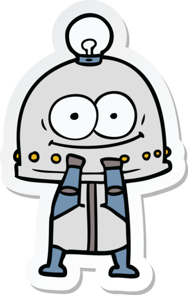 Bir insan tarafından çizilmiş mutlu bir karton robotun çıkartması.