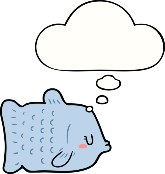 Bir insan tarafından çizilmiş düşünce baloncuklu çizgi film balığı.