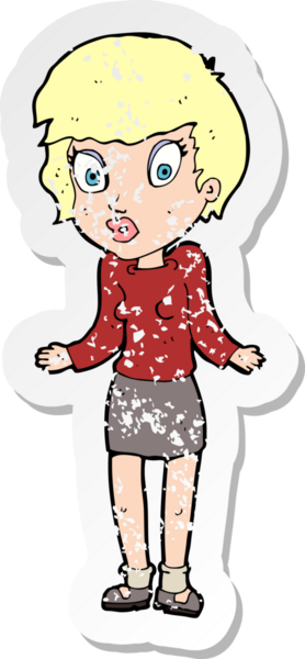 Bir insan tarafından çizilmiş omuzlarını silken karikatürlü bir kadının gerilmiş çıkartması.