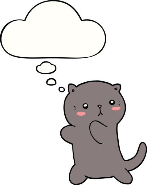 Bir insan tarafından çizilmiş düşünce baloncuklu şirin çizgi film kedisi.