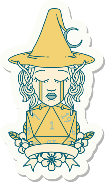 Ağlayan Elf Büyücüsü karakterinin çıkartması. Bir insan tarafından çizilmiş doğal bir zar.