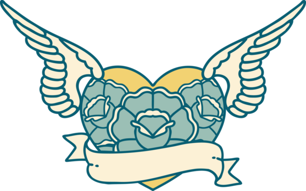 Bir insan tarafından çizilmiş çiçek ve bayrak ile uçan bir kalbin ikonik dövme görüntüsü