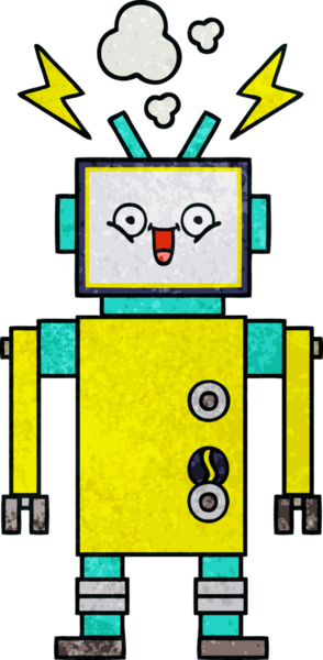 Bir insan tarafından çizilmiş mutlu bir robotun retro grunge dokusu.