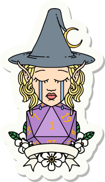 Ağlayan Elf Büyücüsü karakterinin çıkartması. Bir insan tarafından çizilmiş doğal bir zar.