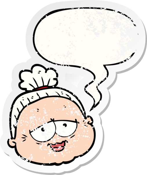 Bir insan tarafından çizilmiş, sıkıntılı, yaşlı, karikatürlü bir kadın.