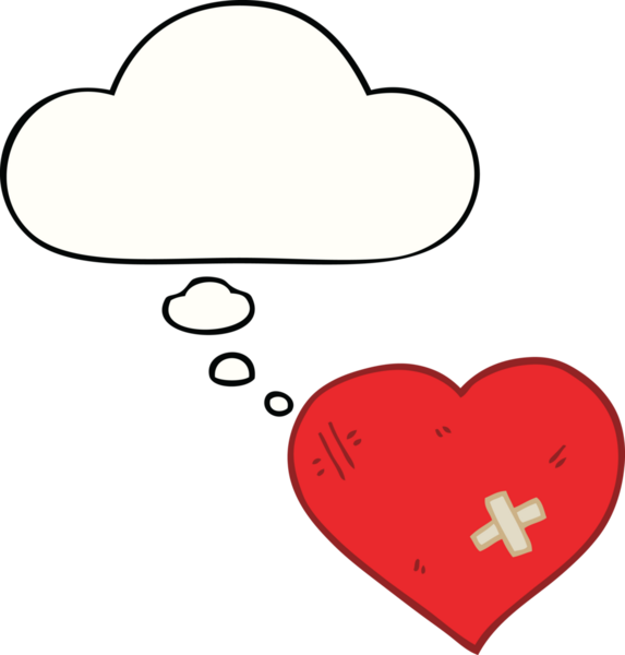 Bir insan tarafından çizilmiş düşünce baloncuklu alçılı karikatür aşk kalbi.