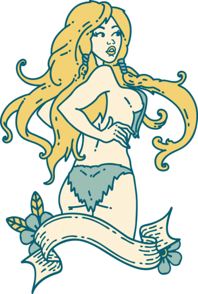 Geleneksel stil dövmeli bir Viking kızı pankartıyla bir insan tarafından çizilmiş.