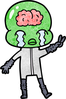 çizgi film büyük beyin uzaylı ağlayan ve bir insan tarafından çizilen barış işareti veren