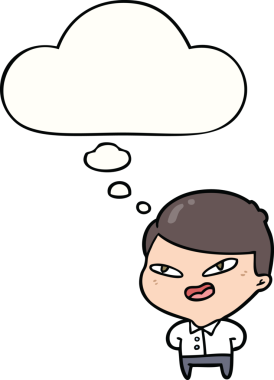 Bir insan tarafından çizilmiş düşünce baloncuğu olan mutlu bir iş adamı.