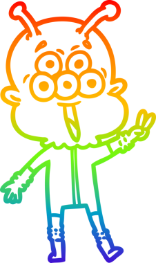 Gökkuşağı gradyan çizimi mutlu bir çizgi film uzaylısının bir insan tarafından çizilmiş barış jesti