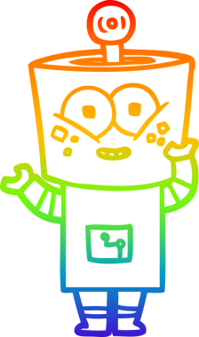 Gökkuşağı gradyan çizimi mutlu bir robot çizgi filmi. Bir insan tarafından çizilmiş merhaba.