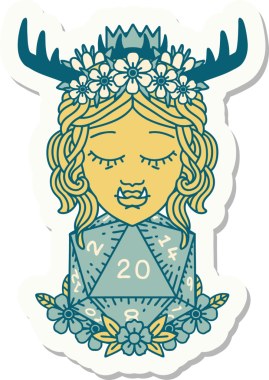 Bir insan tarafından çizilmiş 20 zarlı yarı ork Druid çıkartması.