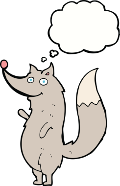 Bir insan tarafından çizilmiş düşünce balonlu bir kurt sallayan çizgi film.