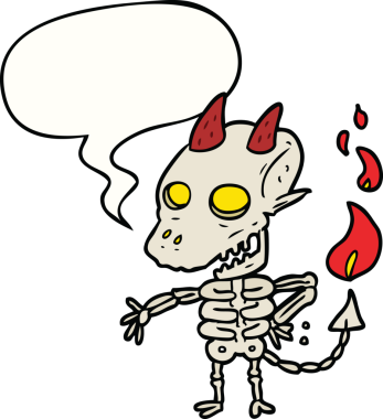 Bir insan tarafından çizilmiş konuşma baloncuğu olan korkunç bir iskelet iblis.