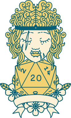 Retro Dövme Biçimi Yarı Ork Barbar Karakteri Bir insan tarafından çizilmiş doğal 20 zar