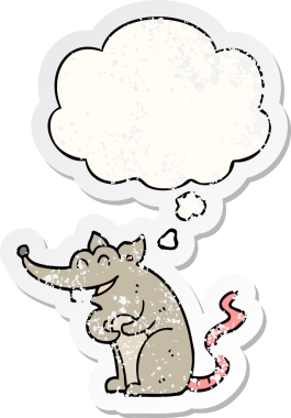 Düşünce baloncuğu olan çizgi film faresi insan tarafından çizilmiş yıpranmış bir çıkartma.