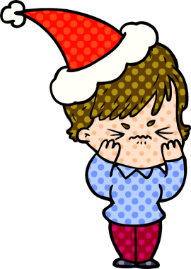 Bir insan tarafından çizilmiş Noel Baba şapkası giyen hayal kırıklığına uğramış bir kadının el çizimi çizgi roman tasviri.