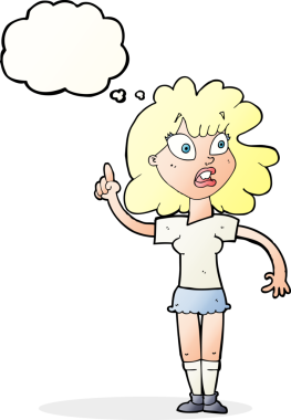 Bir insan tarafından çizilen düşünce baloncuğuyla nokta koyan çizgi film kadını.