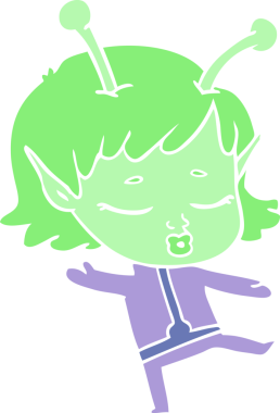 Bir insan tarafından çizilmiş düz renkli uzaylı kız çizgi filmi.